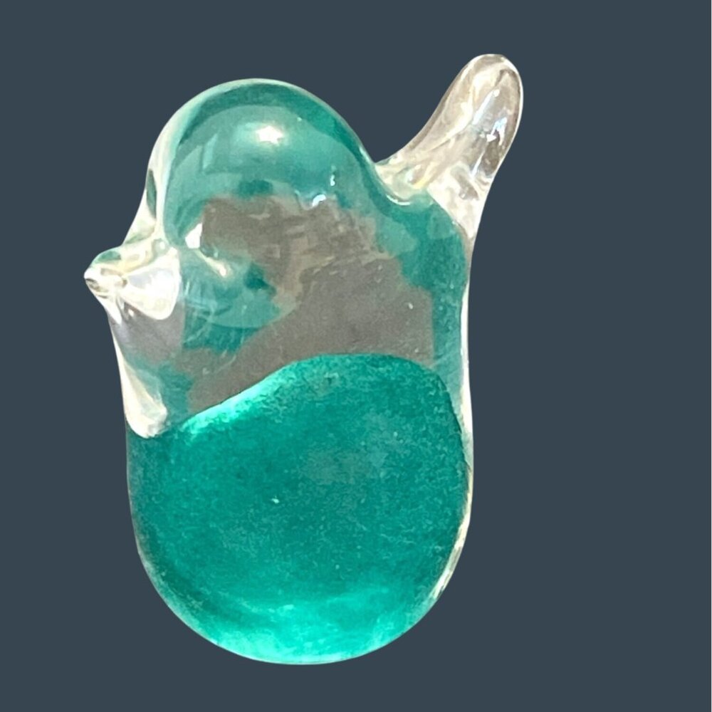Mini Green Teal Clear Small Hand Blown Glass Bird Figurine Paperweight Vintage